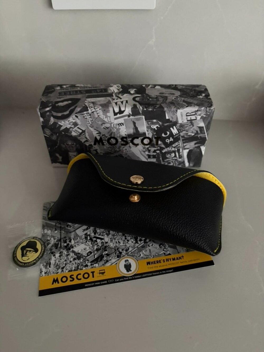 Authentic Moscot Originals Eyeglass Case / Box / Pin Set Black Yellow